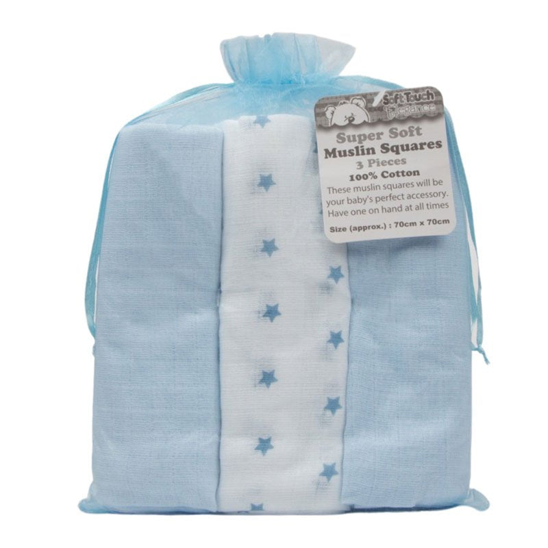 3 Pack Muslin Squares in Gift Bag - Blue