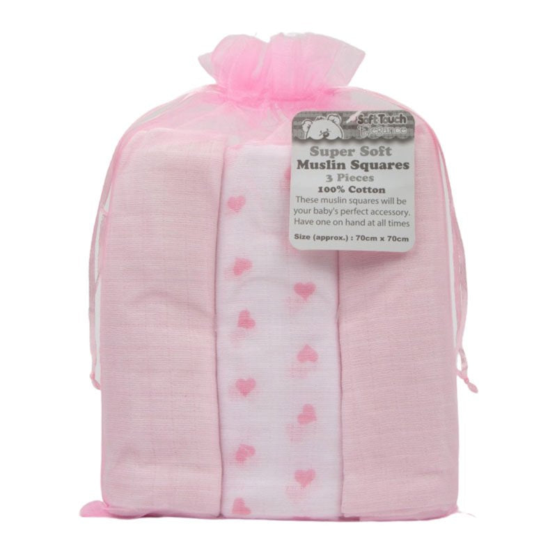 3 Pack Muslin Squares in Gift Bag - Pink
